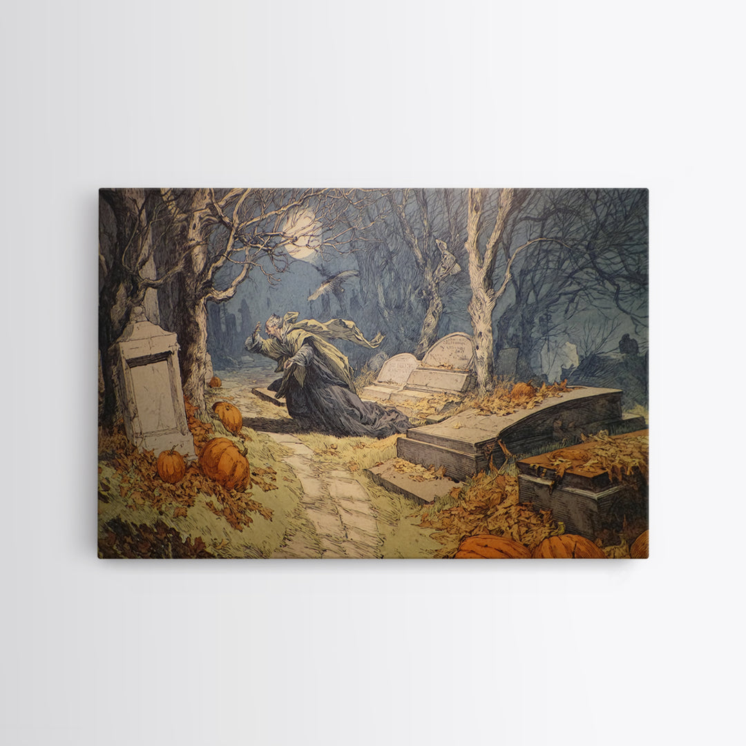The Moonlit Cemetery, Symbolist Etching Art, Landscape Wall Art, Dark Fantasy Wall Art, Canvas Print, Halloween Wall Art