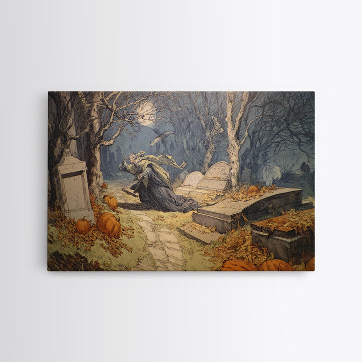 The Moonlit Cemetery, Symbolist Etching Art, Landscape Wall Art, Dark Fantasy Wall Art, Canvas Print, Halloween Wall Art