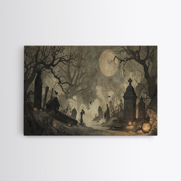 The Moonlit Cemetery, Expressionist Nightmare Art, Wide Panoramic Art, Macabre Wall Art, Canvas Print, Halloween Wall Art, Halloween Decor