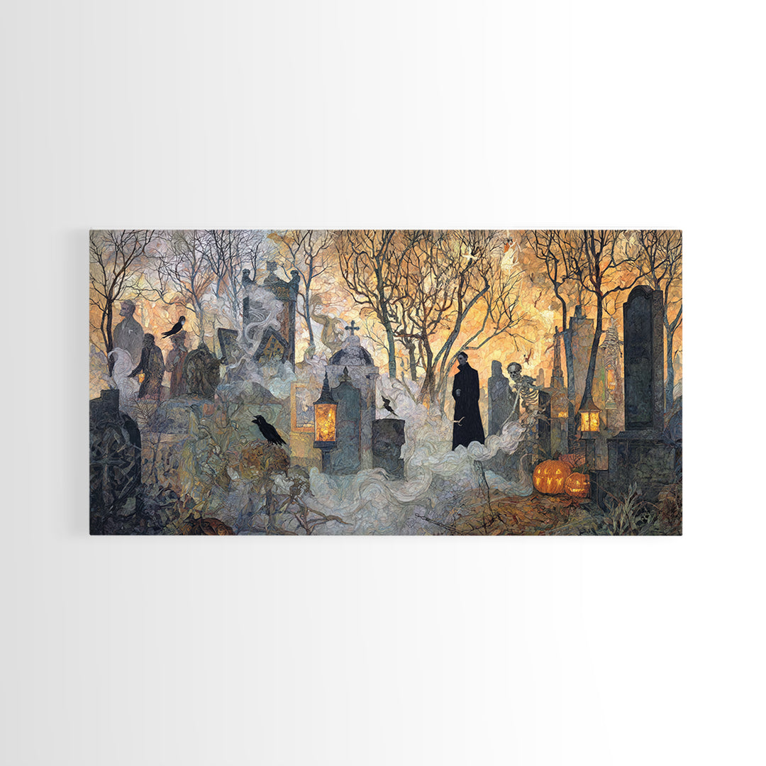 The Moonlit Cemetery, Grotesque Carnival Art, Wide Panoramic Art, Gothic Horror Wall Art, Framed Canvas Print, Halloween Wall Art