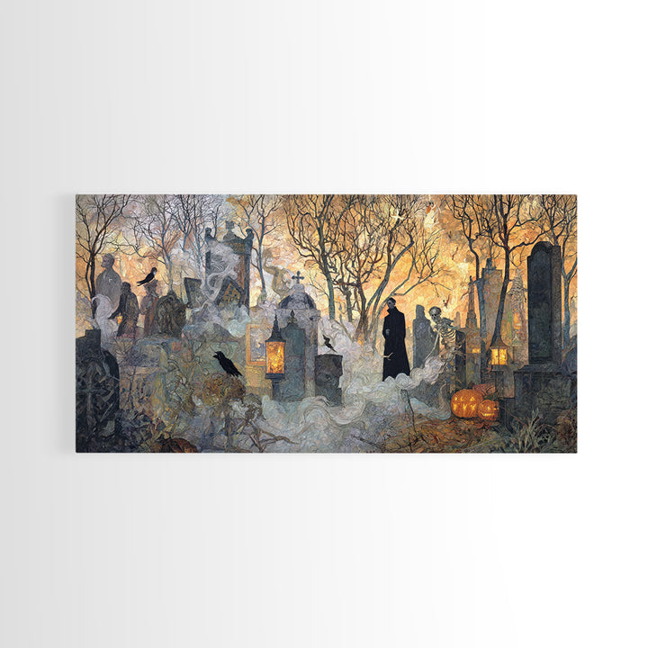 The Moonlit Cemetery, Grotesque Carnival Art, Wide Panoramic Art, Gothic Horror Wall Art, Framed Canvas Print, Halloween Wall Art