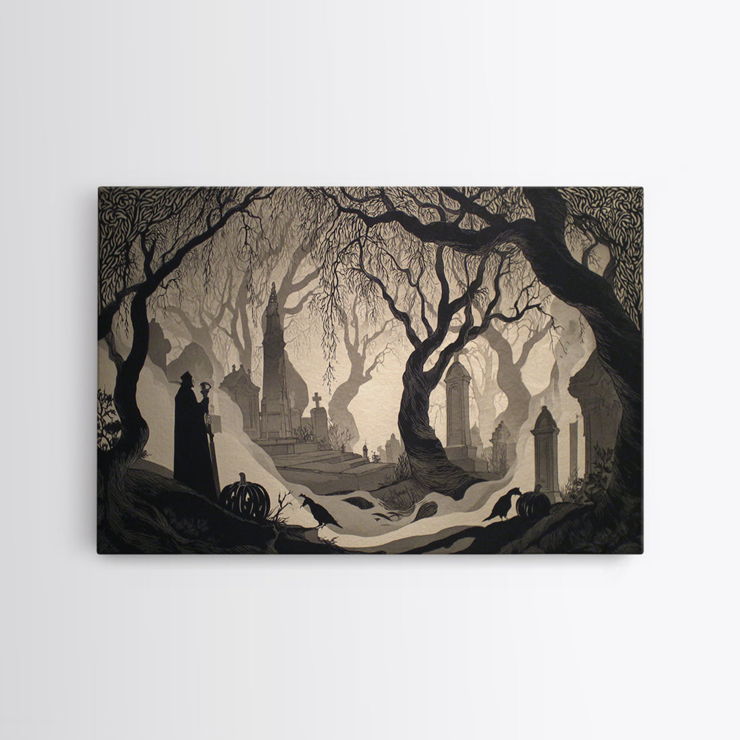 The Moonlit Cemetery, Decadent Line Art, Landscape Wall Art, Dark Fantasy Wall Art, Framed Canvas Print, Halloween Wall Art