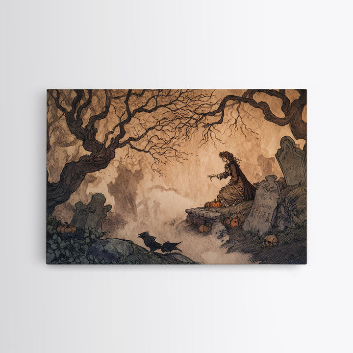 The Moonlit Cemetery, Gothic Storybook Art, Landscape Wall Art, Macabre Wall Art, Framed Canvas Print, Halloween Wall Art