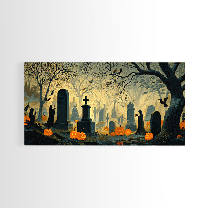 The Moonlit Cemetery, Macabre Folk Print Art, Wide Panoramic Art, Dark Fantasy Wall Art, Canvas Print, Halloween Wall Art