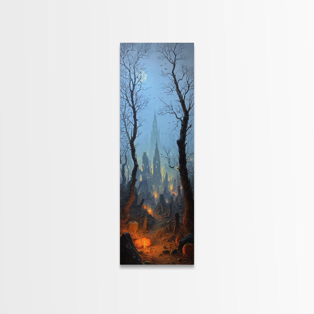 The Moonlit Cemetery, Surreal Apocalyptic Art, Tall Narrow Wall Art, Dark Halloween Decor, Canvas Print, Halloween Wall Art