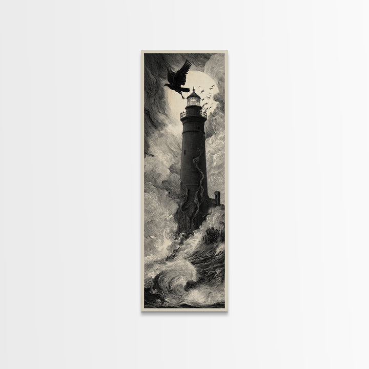 The Cursed Lighthouse, Gothic Engraving Art, Tall Narrow Wall Art, Dark Fantasy Wall Art, Framed Canvas Print, Halloween Wall Art
