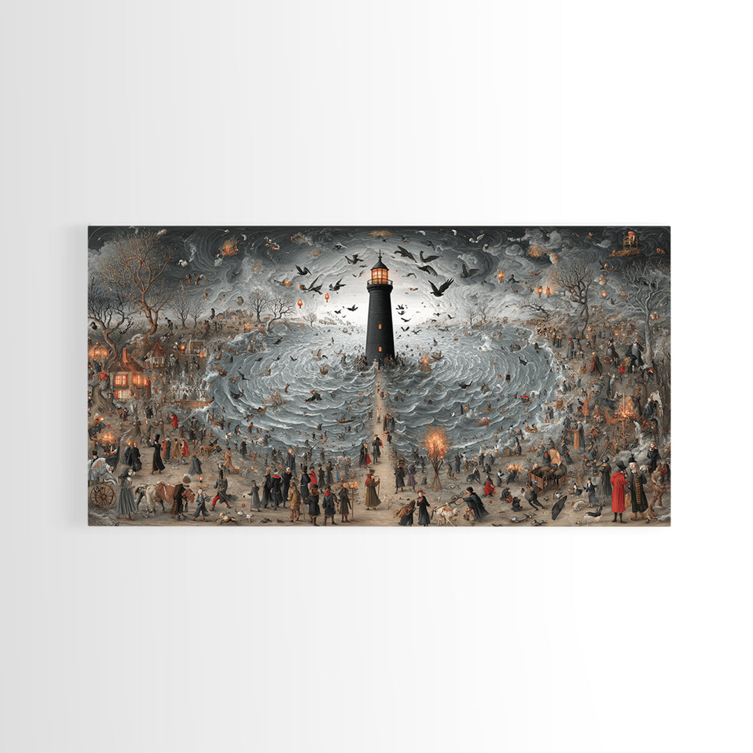The Cursed Lighthouse, Northern Renaissance Horror, Wide Panoramic Art, Dark Halloween Decor, Canvas Print, Halloween Wall Art