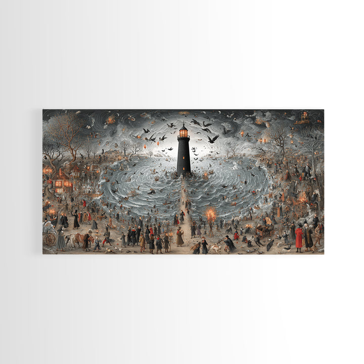 The Cursed Lighthouse, Northern Renaissance Horror, Wide Panoramic Art, Dark Halloween Decor, Canvas Print, Halloween Wall Art