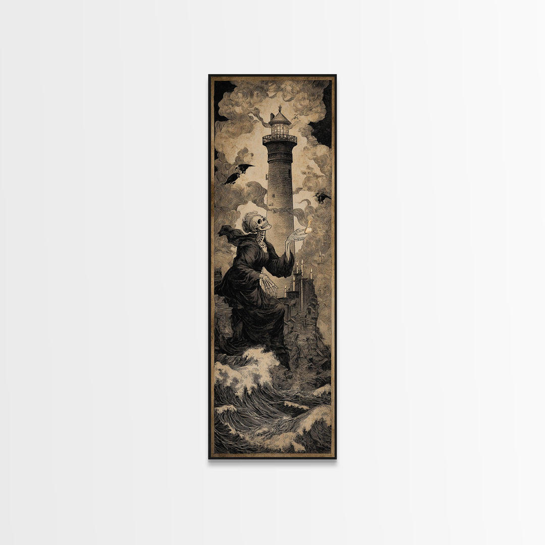 The Cursed Lighthouse, Danse Macabre Art, Tall Narrow Wall Art, Macabre Wall Art, Framed Canvas Print, Halloween Decor