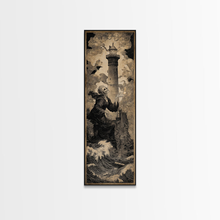 The Cursed Lighthouse, Danse Macabre Art, Tall Narrow Wall Art, Macabre Wall Art, Framed Canvas Print, Halloween Decor