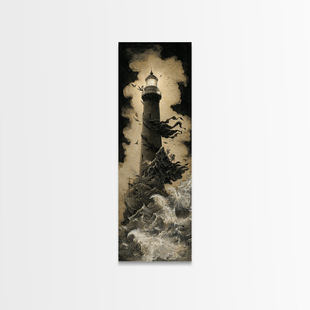 The Cursed Lighthouse, Baroque Witchcraft Art, Tall Narrow Wall Art, Macabre Wall Art, Framed Canvas Print, Halloween Wall Art