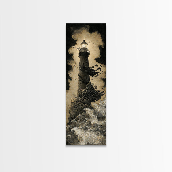 The Cursed Lighthouse, Baroque Witchcraft Art, Tall Narrow Wall Art, Macabre Wall Art, Framed Canvas Print, Halloween Wall Art
