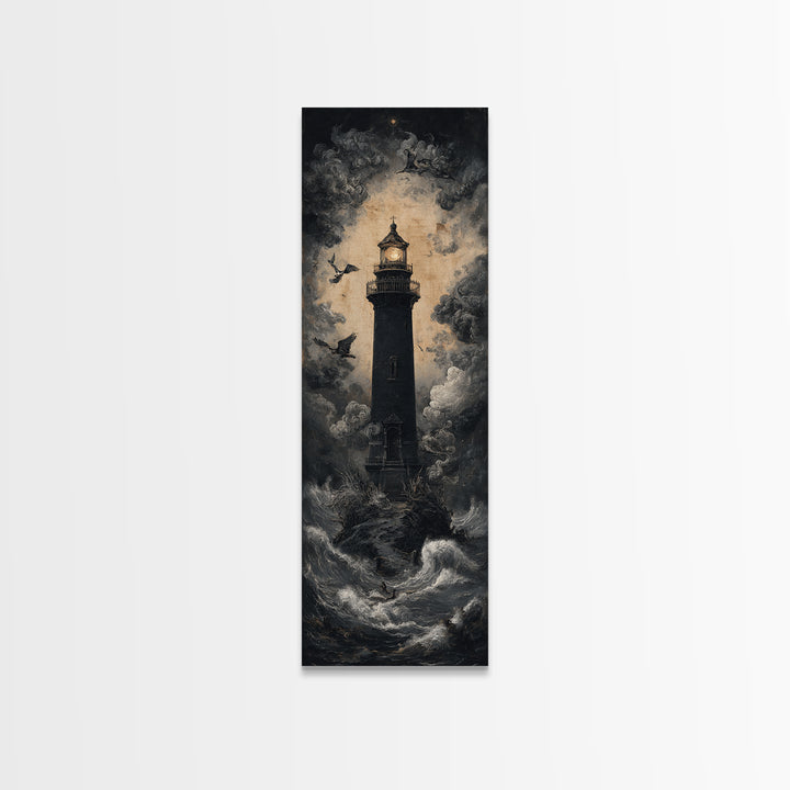 The Cursed Lighthouse, Dark Romantic Horror Art, Tall Narrow Wall Art, Macabre Wall Art, Framed Canvas Print, Halloween Wall Art