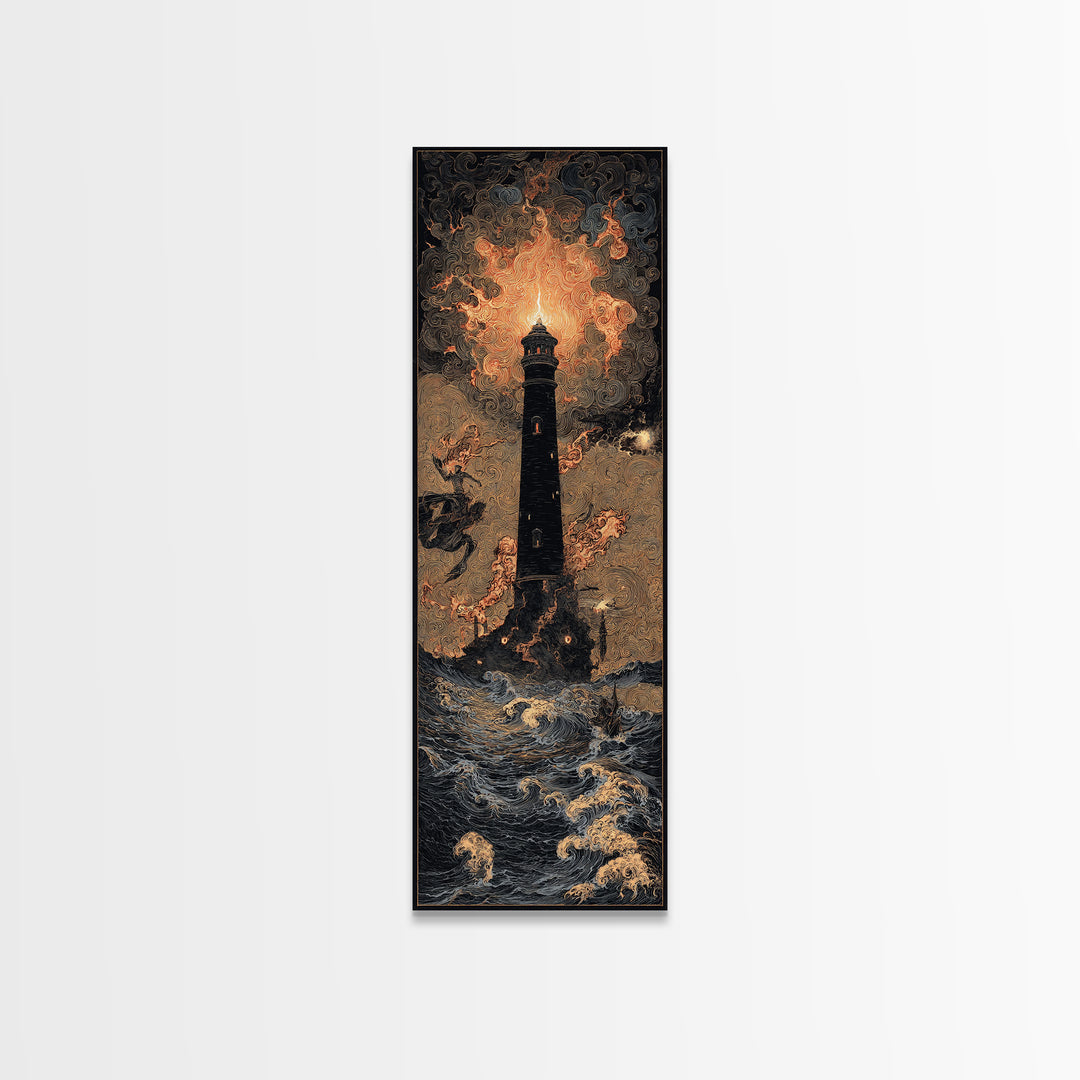 The Cursed Lighthouse, Visionary Gothic Art, Tall Narrow Wall Art, Dark Fantasy Wall Art, Framed Canvas Print, Halloween Wall Art
