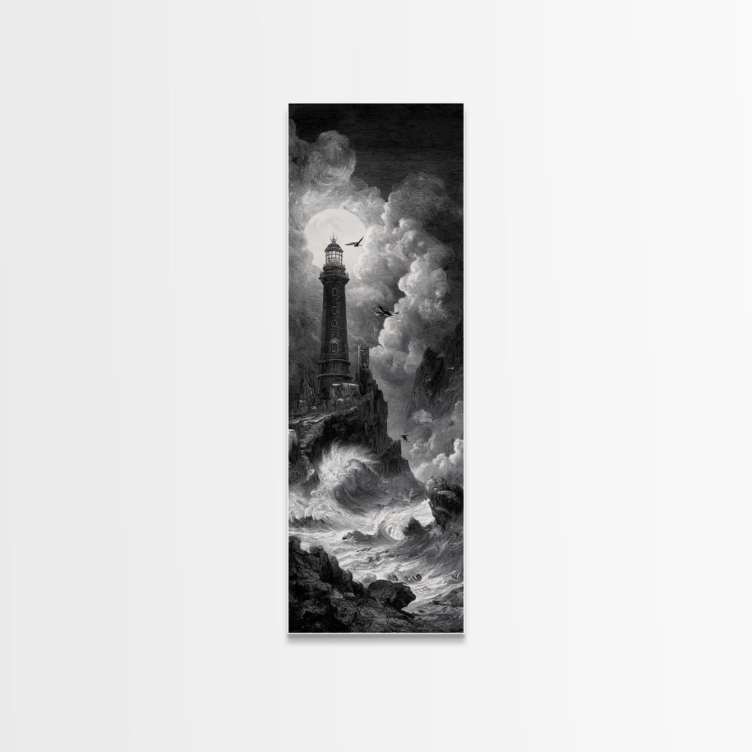 The Cursed Lighthouse, Architectural Etching Art, Tall Narrow Wall Art, Macabre Wall Art, Canvas Print, Halloween Wall Art