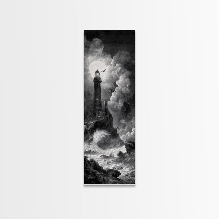 The Cursed Lighthouse, Architectural Etching Art, Tall Narrow Wall Art, Macabre Wall Art, Canvas Print, Halloween Wall Art