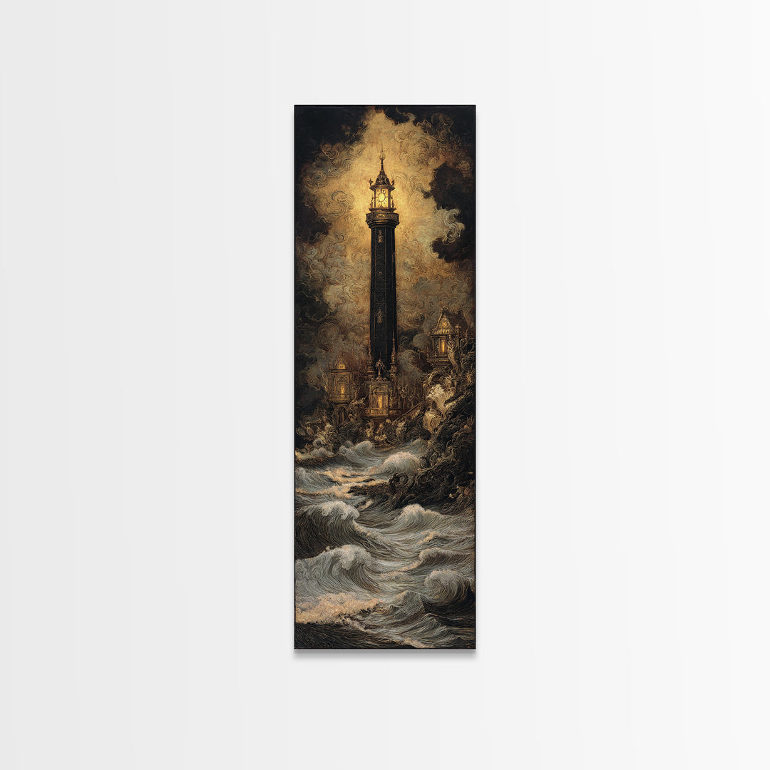 The Cursed Lighthouse, Ornate Symbolist Art, Tall Narrow Wall Art, Dark Halloween Decor, Framed Canvas Print, Halloween Wall Art