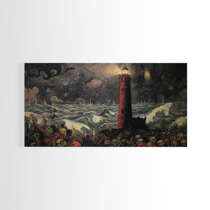 The Cursed Lighthouse, Grotesque Carnival Art, Wide Panoramic Art, Dark Fantasy Wall Art, Canvas Print, Halloween Wall Art