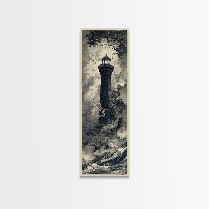 The Cursed Lighthouse, Gothic Storybook Art, Tall Narrow Wall Art, Macabre Wall Art, Canvas Print, Halloween Wall Art