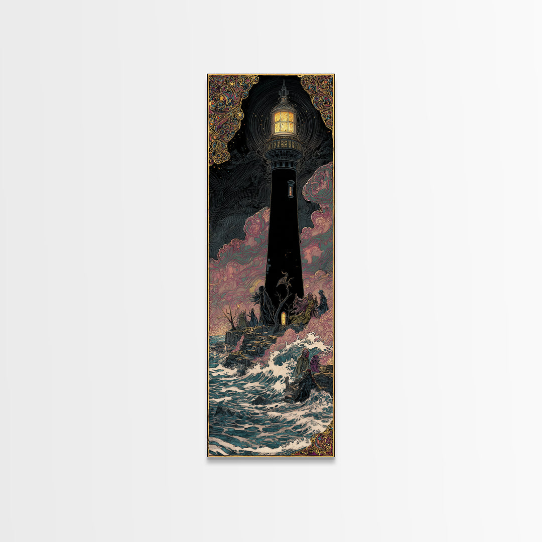 The Cursed Lighthouse, Stained Glass Gothic Art, Tall Narrow Wall Art, Dark Halloween Decor, Framed Canvas Print, Halloween Wall Art