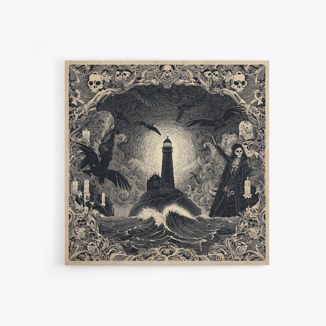 The Cursed Lighthouse, Macabre Folk Print Art, Square Wall Art, Gothic Horror Wall Art, Framed Canvas Print, Halloween Wall Art