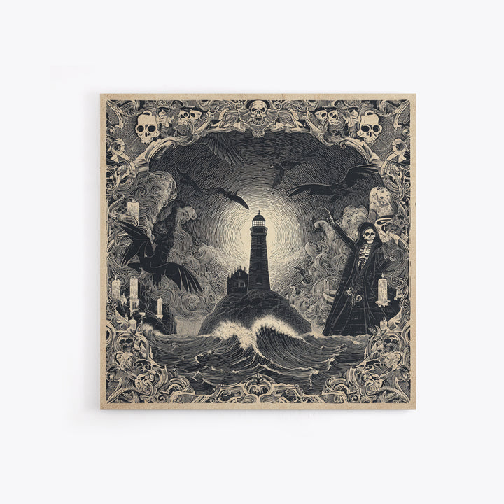 The Cursed Lighthouse, Macabre Folk Print Art, Square Wall Art, Gothic Horror Wall Art, Framed Canvas Print, Halloween Wall Art