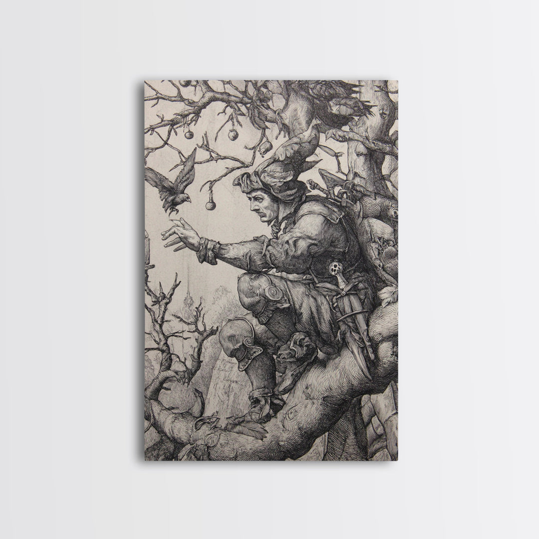 The Witch'S Forest, Renaissance Engraving Art, Vertical Wall Art, Macabre Wall Art, Framed Canvas Print, Halloween Wall Art