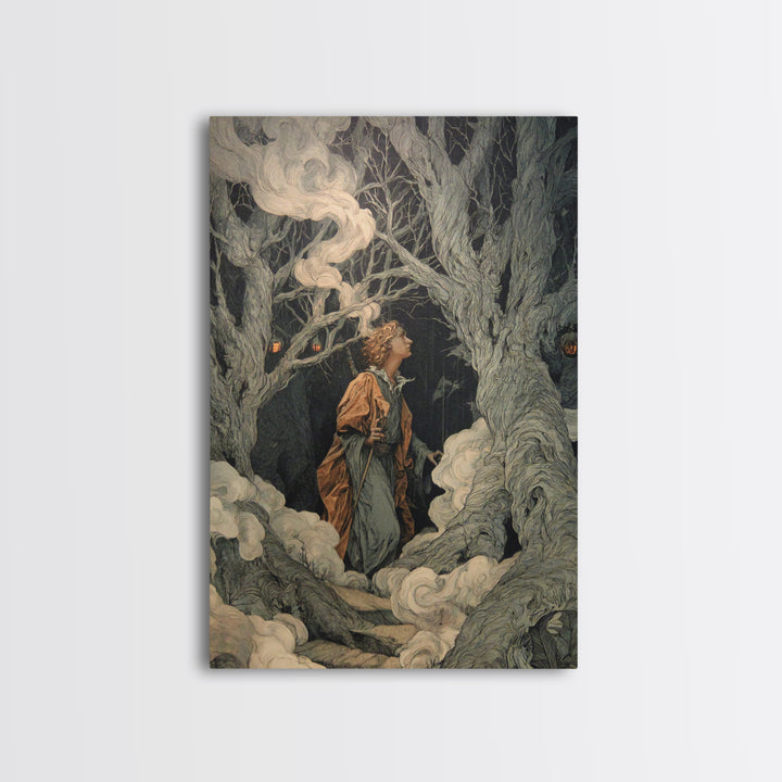 The Witch'S Forest, Visionary Gothic Art, Vertical Wall Art, Dark Halloween Decor, Framed Canvas Print, Halloween Wall Art
