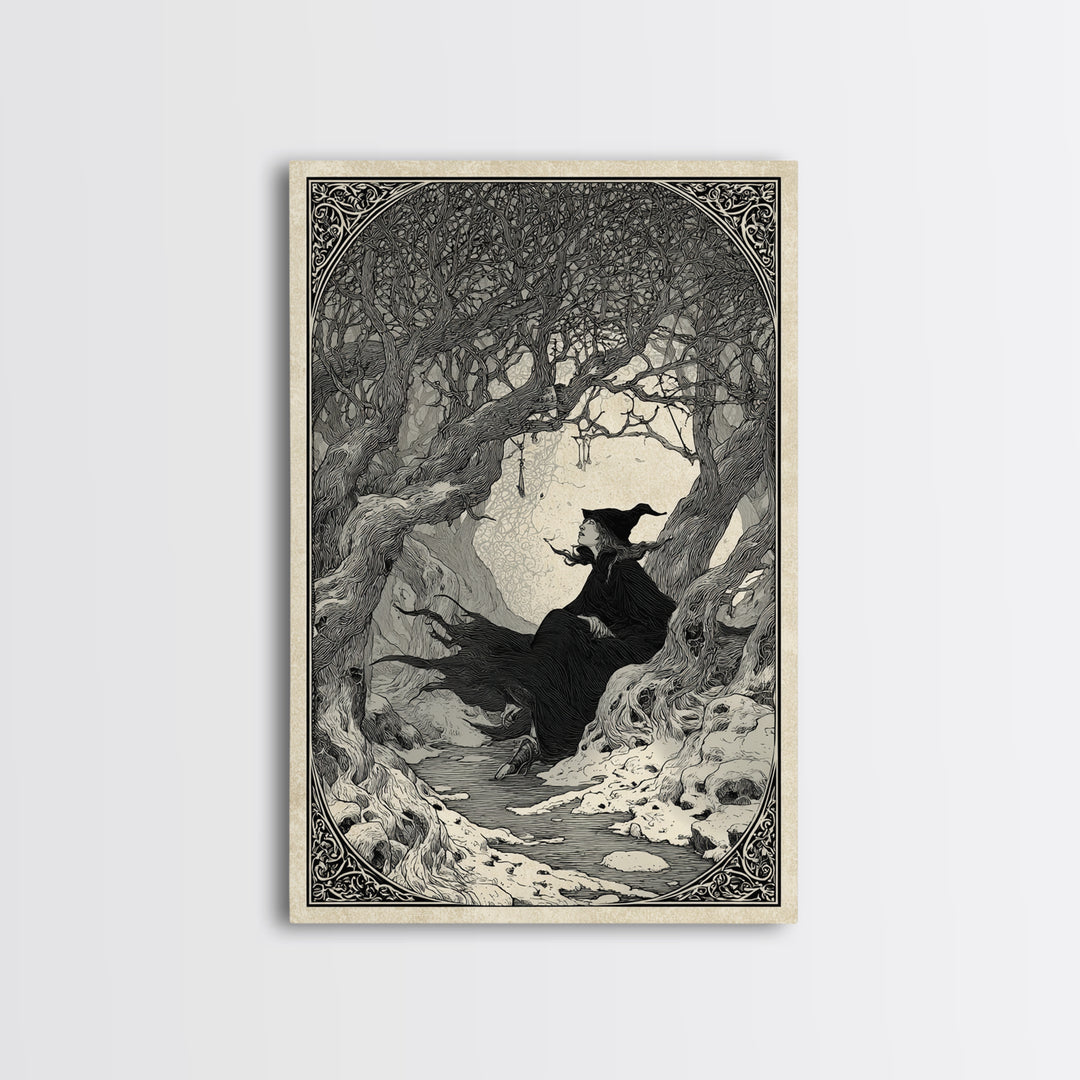 The Witch'S Forest, Decadent Line Art, Vertical Wall Art, Macabre Wall Art, Canvas Print, Halloween Wall Art, Gothic Home Decor