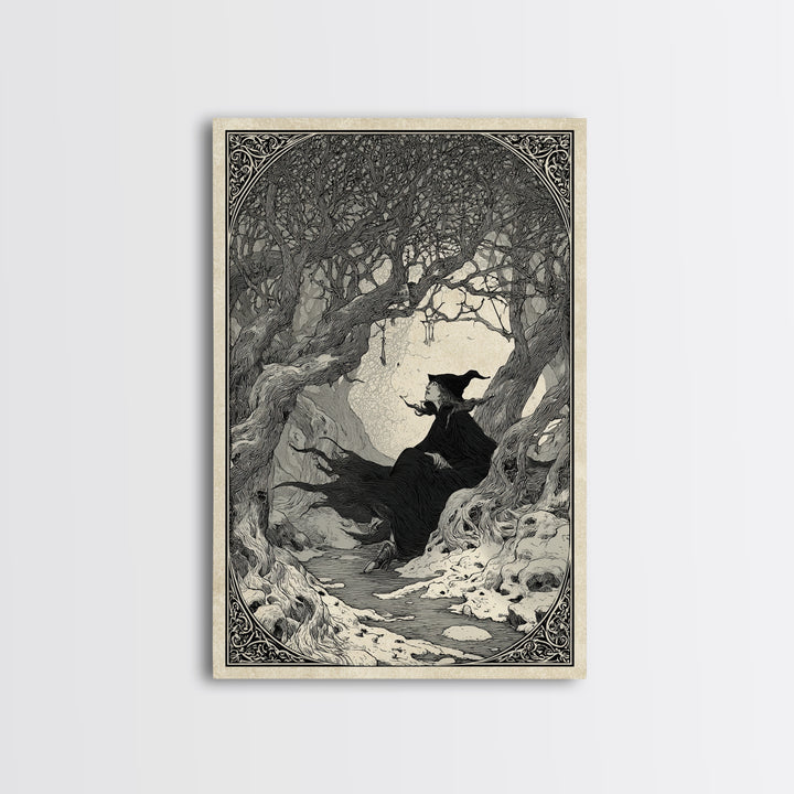 The Witch'S Forest, Decadent Line Art, Vertical Wall Art, Macabre Wall Art, Canvas Print, Halloween Wall Art, Gothic Home Decor