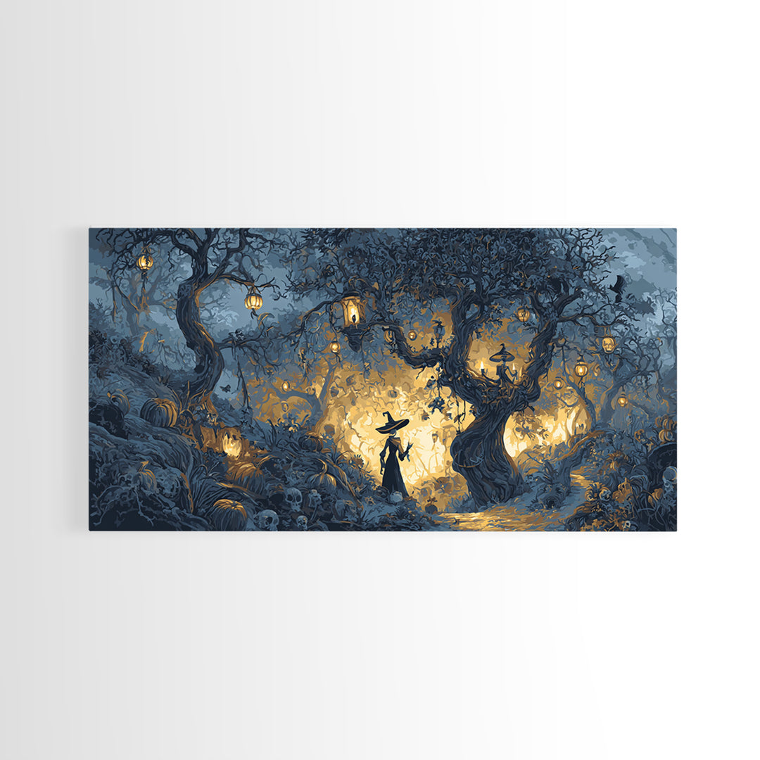 The Witch'S Forest, Macabre Folk Print Art, Wide Panoramic Art, Macabre Wall Art, Canvas Print, Halloween Wall Art