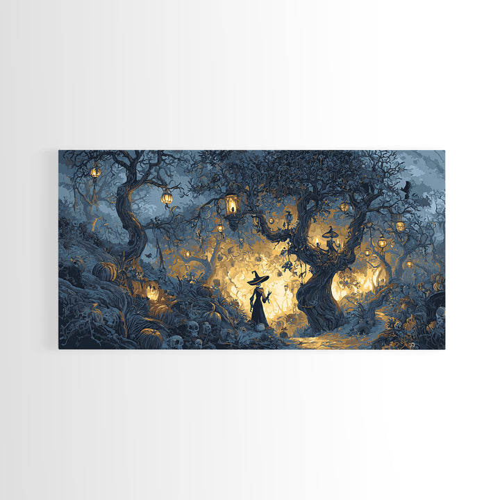 The Witch'S Forest, Macabre Folk Print Art, Wide Panoramic Art, Macabre Wall Art, Canvas Print, Halloween Wall Art