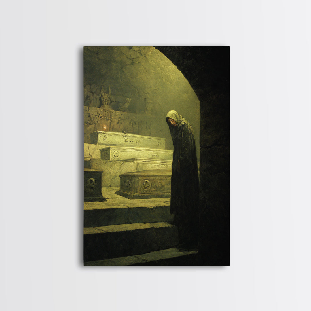 The Forgotten Crypt, Symbolist Etching Art, Vertical Wall Art, Dark Fantasy Wall Art, Framed Canvas Print, Halloween Wall Art
