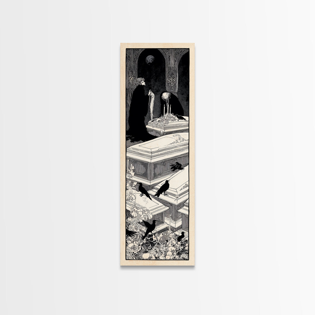 The Forgotten Crypt, Decadent Line Art, Tall Narrow Wall Art, Gothic Horror Wall Art, Framed Canvas Print, Halloween Wall Art