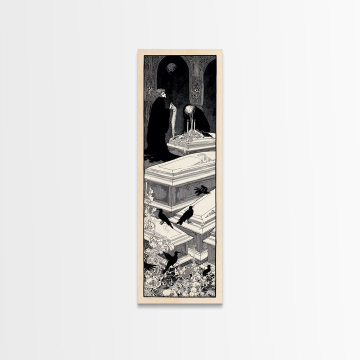 The Forgotten Crypt, Decadent Line Art, Tall Narrow Wall Art, Gothic Horror Wall Art, Framed Canvas Print, Halloween Wall Art