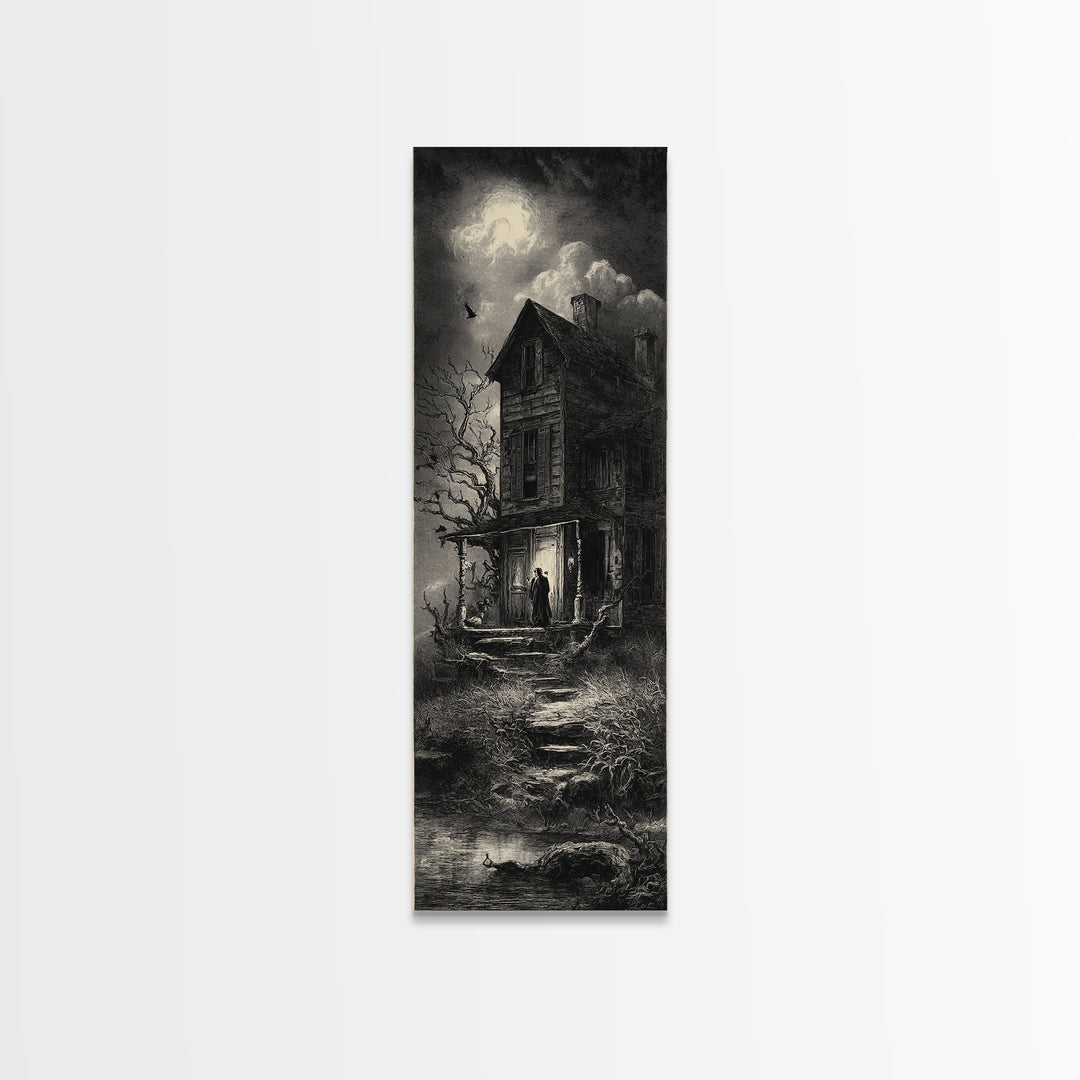 The Possessed Farmhouse, Gothic Engraving Art, Tall Narrow Wall Art, Macabre Wall Art, Canvas Print, Halloween Wall Art