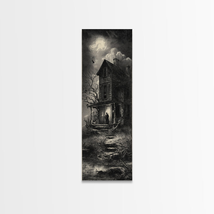 The Possessed Farmhouse, Gothic Engraving Art, Tall Narrow Wall Art, Macabre Wall Art, Canvas Print, Halloween Wall Art