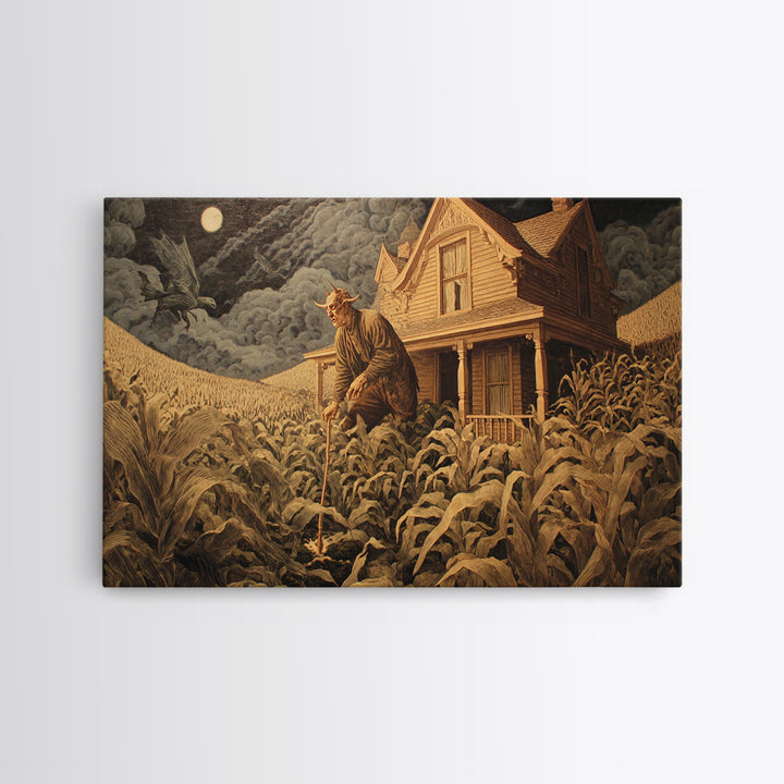 The Possessed Farmhouse, Medieval Grotesque Art, Landscape Wall Art, Dark Halloween Decor, Framed Canvas Print, Halloween Wall Art