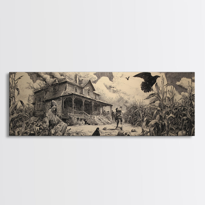 The Possessed Farmhouse, Renaissance Engraving Art, Extra Wide Wall Art, Dark Halloween Decor, Framed Canvas Print, Halloween Wall Art