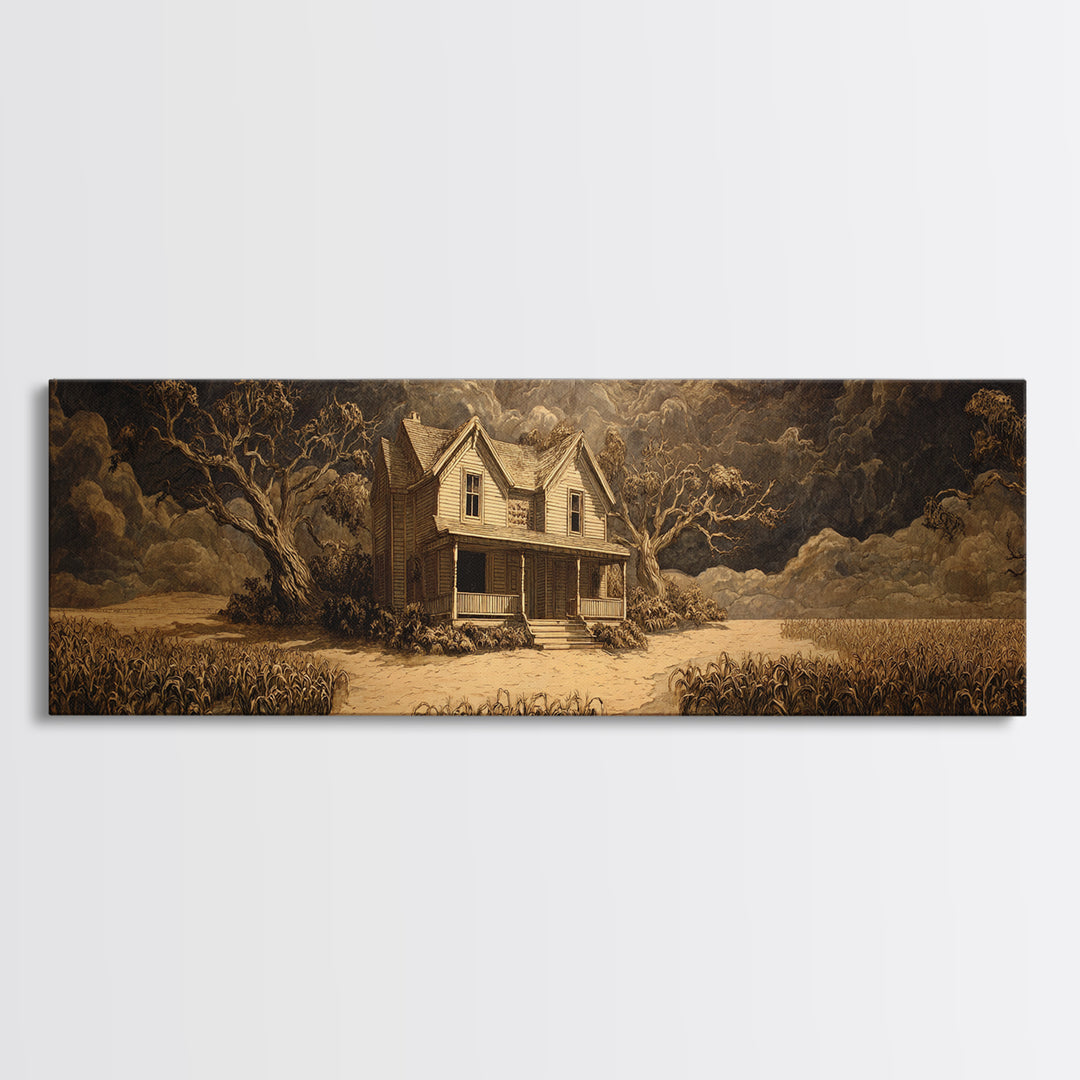 The Possessed Farmhouse, Dark Romantic Horror Art, Extra Wide Wall Art, Macabre Wall Art, Canvas Print, Halloween Wall Art