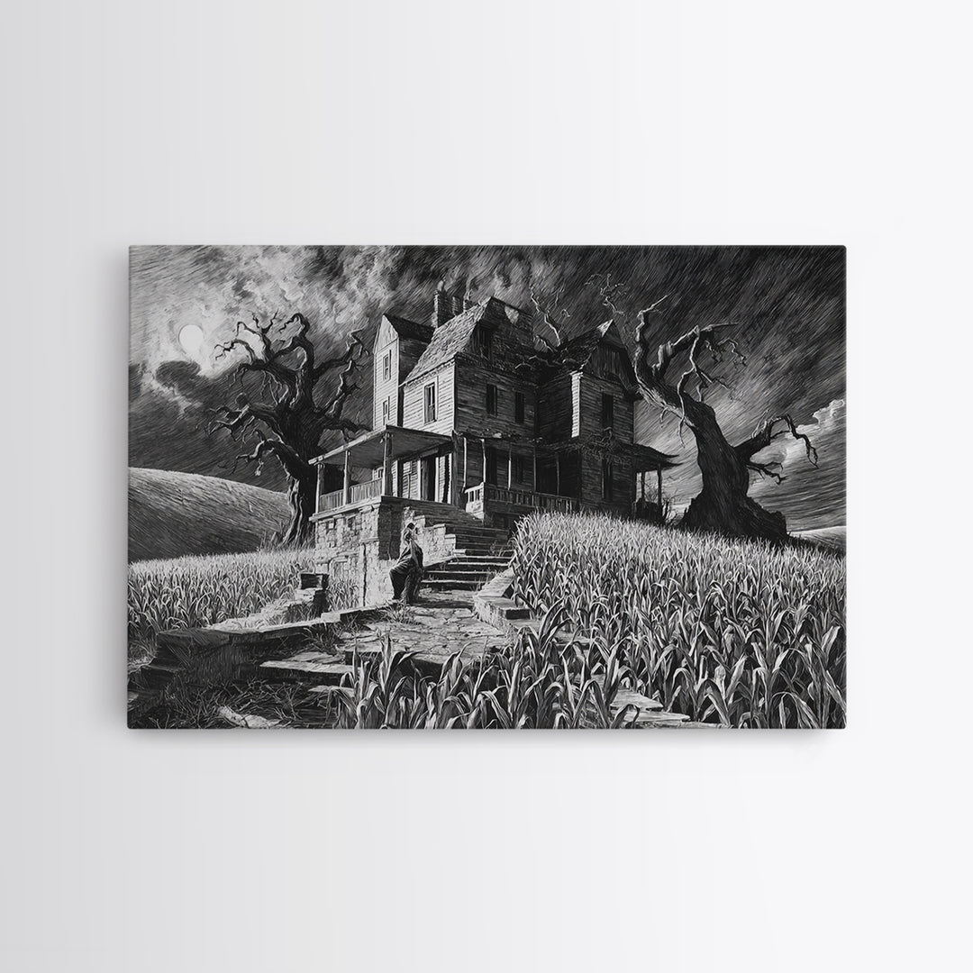 The Possessed Farmhouse, Architectural Etching Art, Landscape Wall Art, Macabre Wall Art, Framed Canvas Print