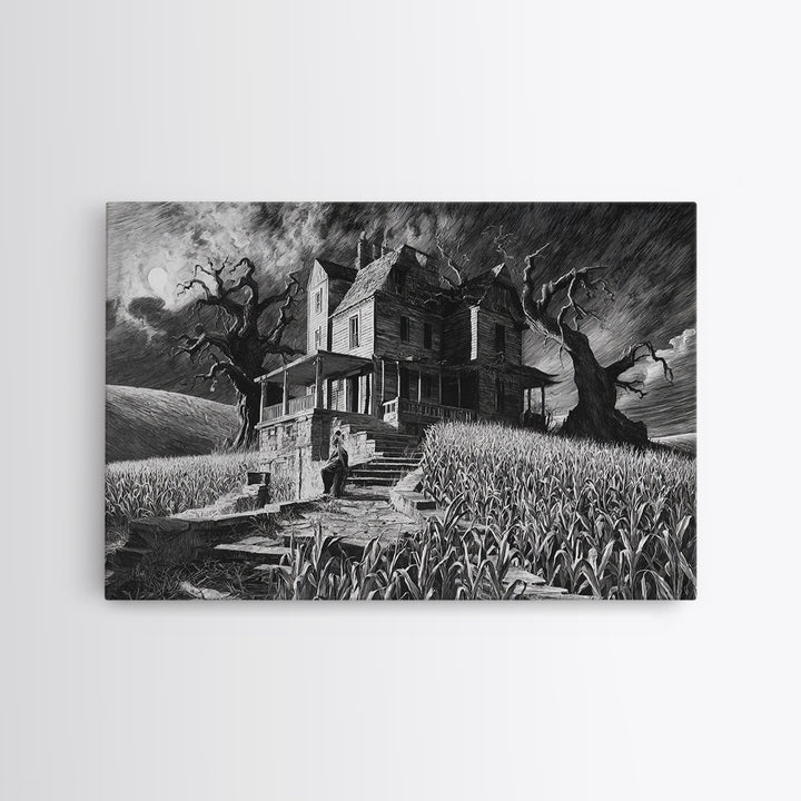 The Possessed Farmhouse, Architectural Etching Art, Landscape Wall Art, Macabre Wall Art, Framed Canvas Print