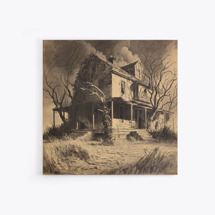 The Possessed Farmhouse, Symbolist Dream Art, Square Wall Art, Dark Halloween Decor, Canvas Print, Halloween Wall Art