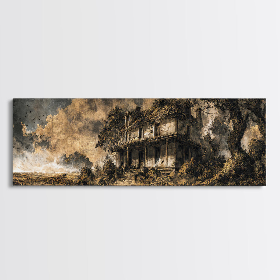 The Possessed Farmhouse, Ornate Symbolist Art, Extra Wide Wall Art, Dark Halloween Decor, Canvas Print, Halloween Wall Art