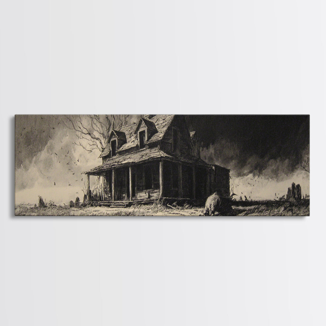 The Possessed Farmhouse, Decadent Gothic Art, Extra Wide Wall Art, Dark Halloween Decor, Framed Canvas Print, Halloween Wall Art