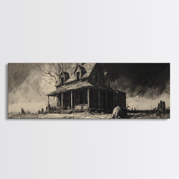 The Possessed Farmhouse, Decadent Gothic Art, Extra Wide Wall Art, Dark Halloween Decor, Framed Canvas Print, Halloween Wall Art