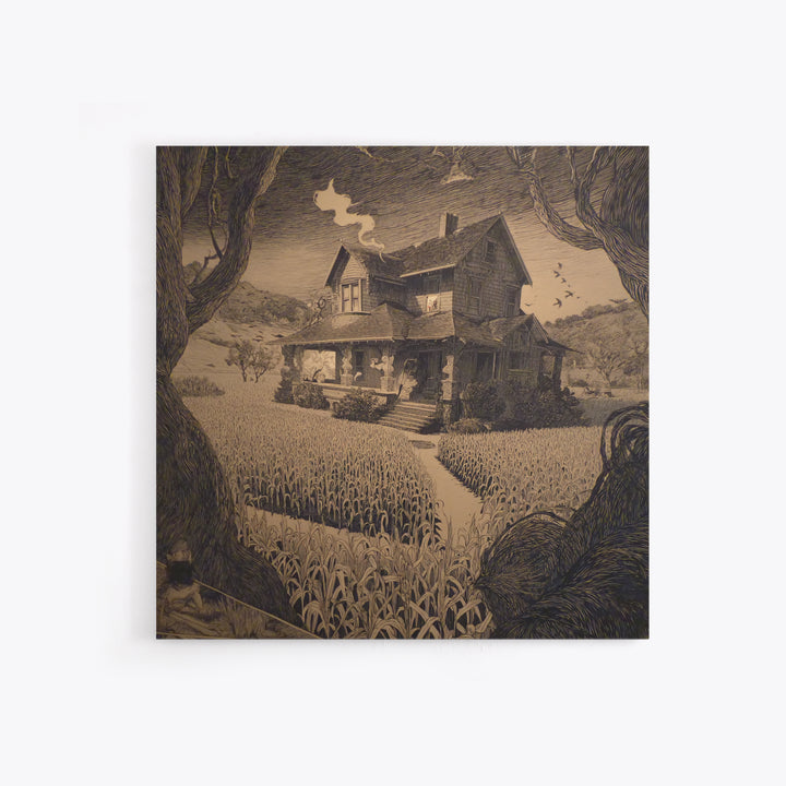 The Possessed Farmhouse, Symbolist Etching Art, Square Wall Art, Dark Halloween Decor, Framed Canvas Print, Halloween Wall Art