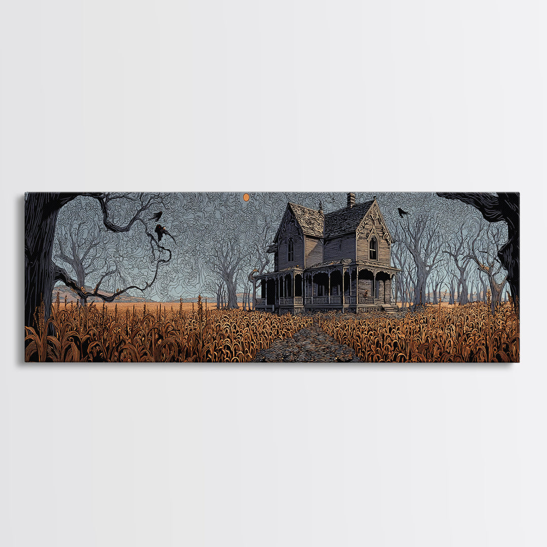 The Possessed Farmhouse, Stained Glass Gothic Art, Extra Wide Wall Art, Dark Halloween Decor, Canvas Print, Halloween Wall Art