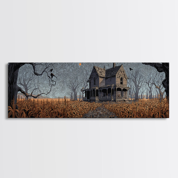 The Possessed Farmhouse, Stained Glass Gothic Art, Extra Wide Wall Art, Dark Halloween Decor, Canvas Print, Halloween Wall Art