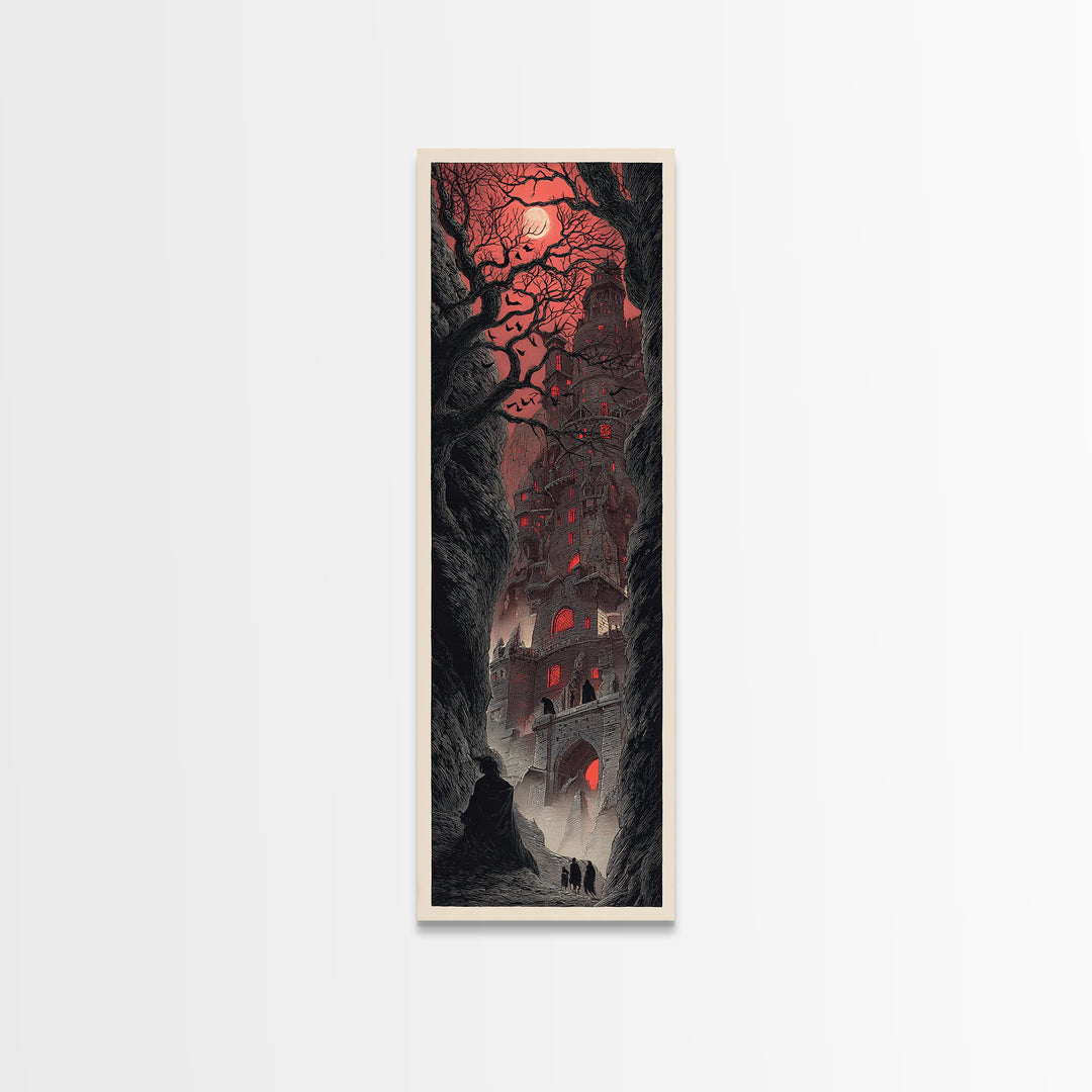 The Vampire Castle, Gothic Engraving Art, Tall Narrow Wall Art, Dark Halloween Decor, Canvas Print, Halloween Wall Art